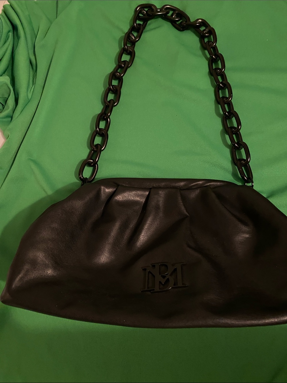 Badgley Mischka Black Clutch Purse Shoulder Bag Vegan Leather Hobo Chunky Chain